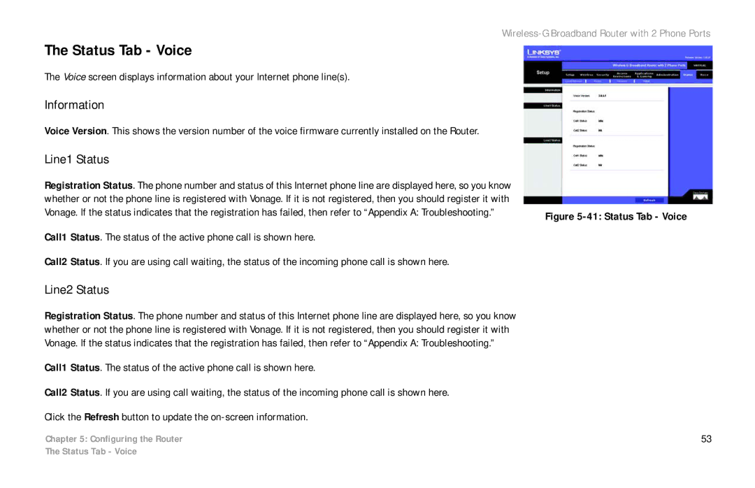 Cisco Systems WRTP54G manual Status Tab Voice, Line1 Status, Line2 Status 