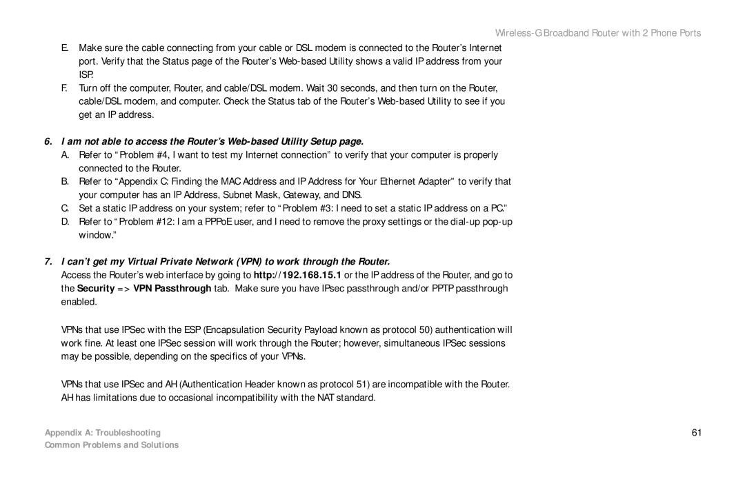 Cisco Systems WRTP54G manual Am not able to access the Router’s Web-based Utility Setup 