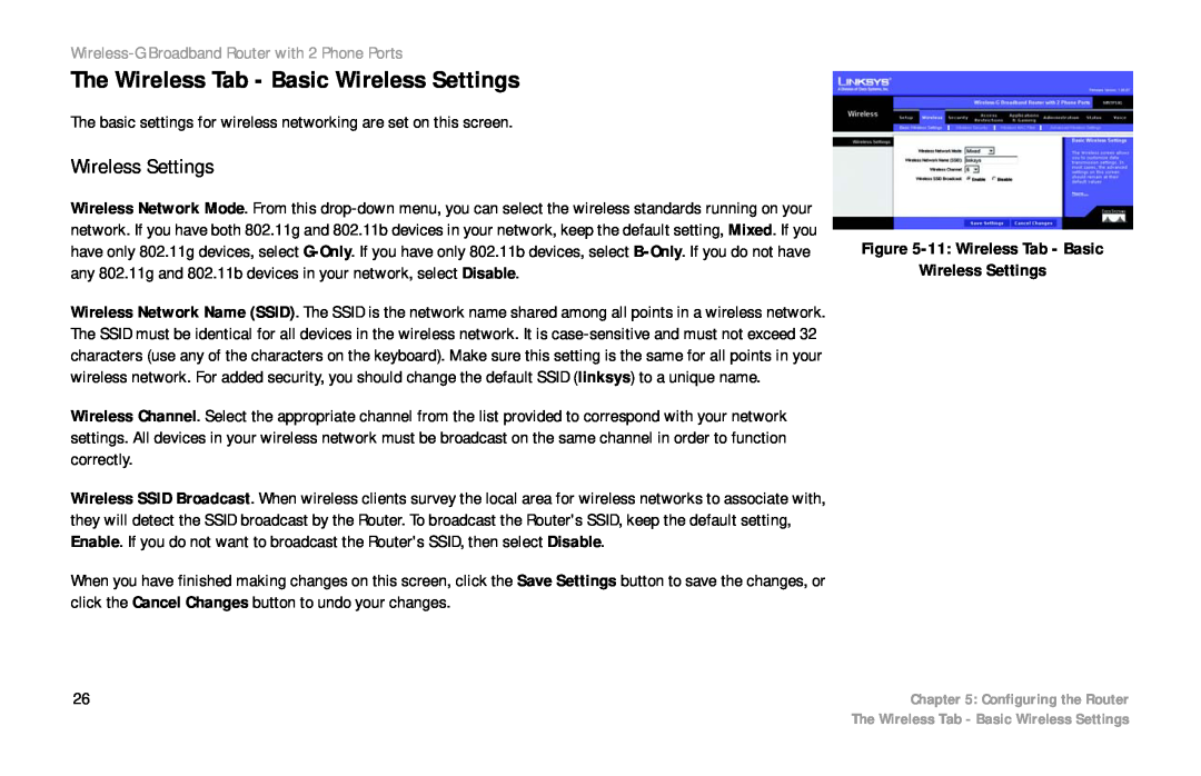 Cisco Systems WRTP54G manual The Wireless Tab - Basic Wireless Settings, Wireless-G Broadband Router with 2 Phone Ports 