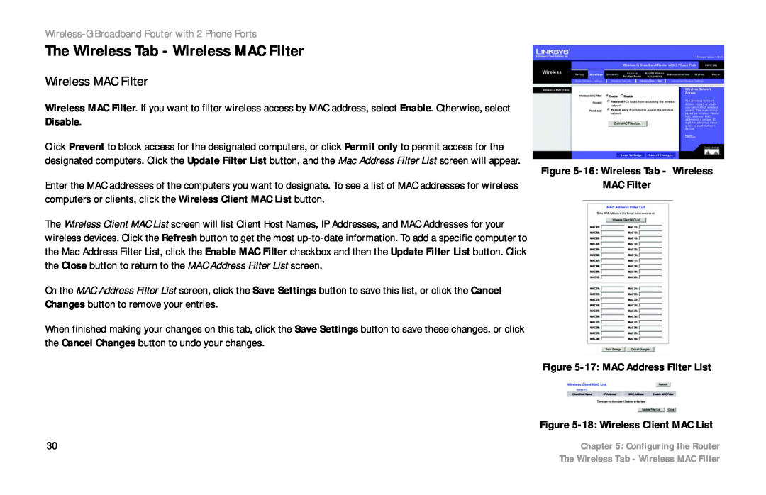 Cisco Systems WRTP54G manual The Wireless Tab - Wireless MAC Filter, Wireless-G Broadband Router with 2 Phone Ports 