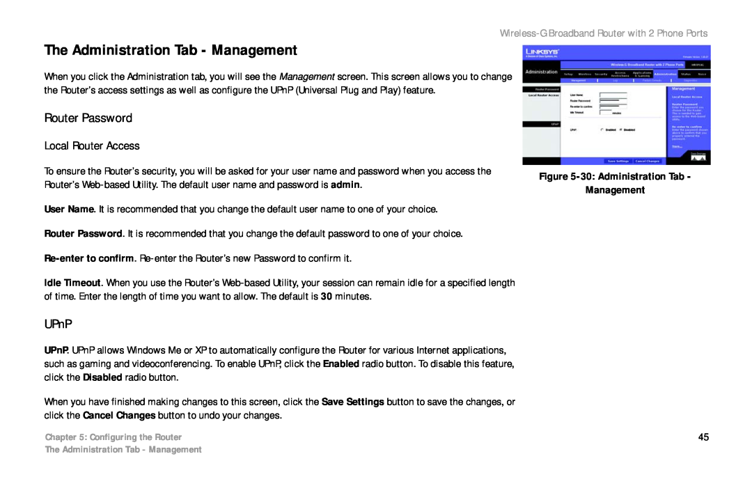 Cisco Systems WRTP54G manual The Administration Tab - Management, Router Password, UPnP 