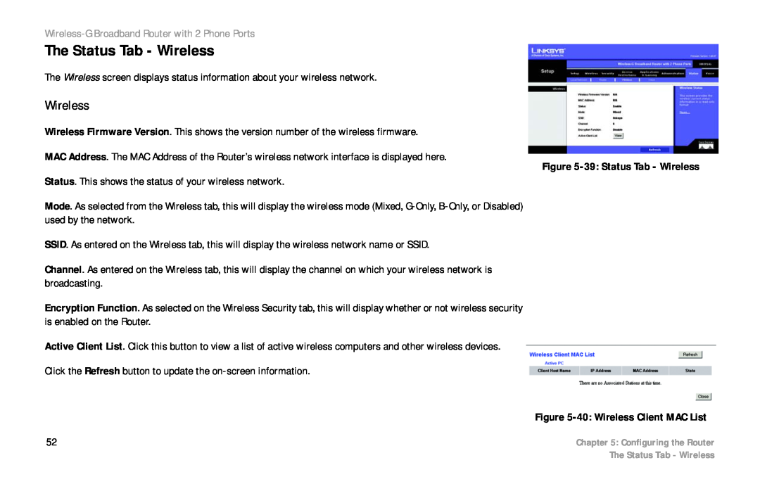 Cisco Systems WRTP54G manual The Status Tab - Wireless, Wireless-G Broadband Router with 2 Phone Ports 