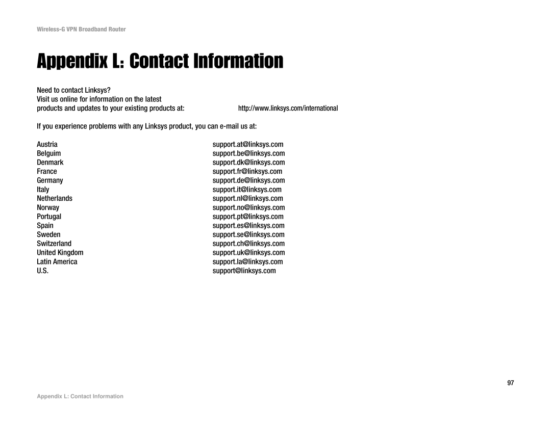 Cisco Systems WRV54G manual Appendix L Contact Information 