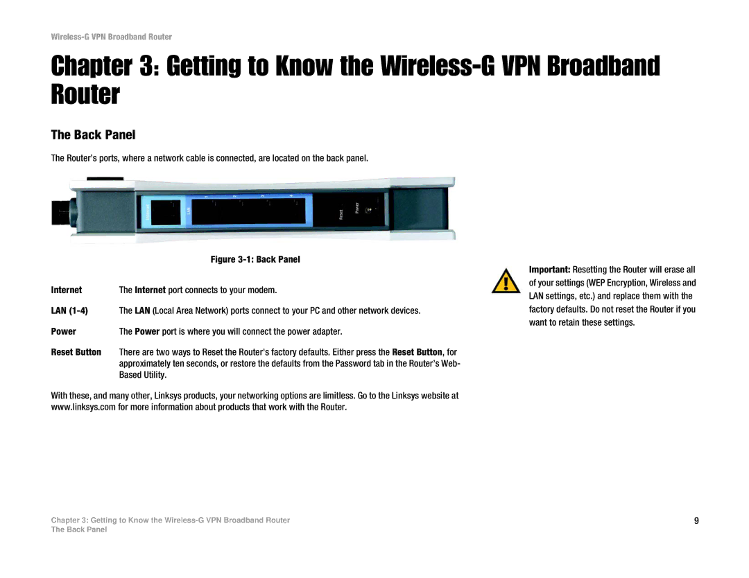 Cisco Systems WRV54G manual Getting to Know the Wireless-G VPN Broadband Router, Back Panel 