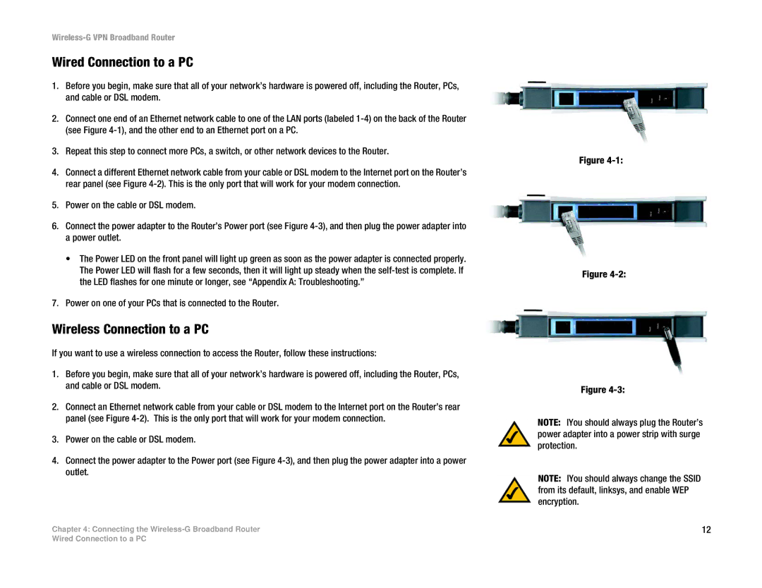 Cisco Systems WRV54G manual Wired Connection to a PC, Wireless Connection to a PC 