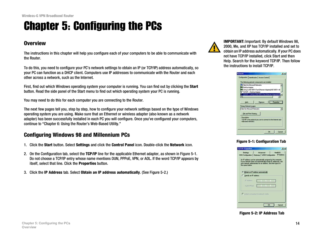 Cisco Systems WRV54G manual Configuring the PCs, Configuring Windows 98 and Millennium PCs 