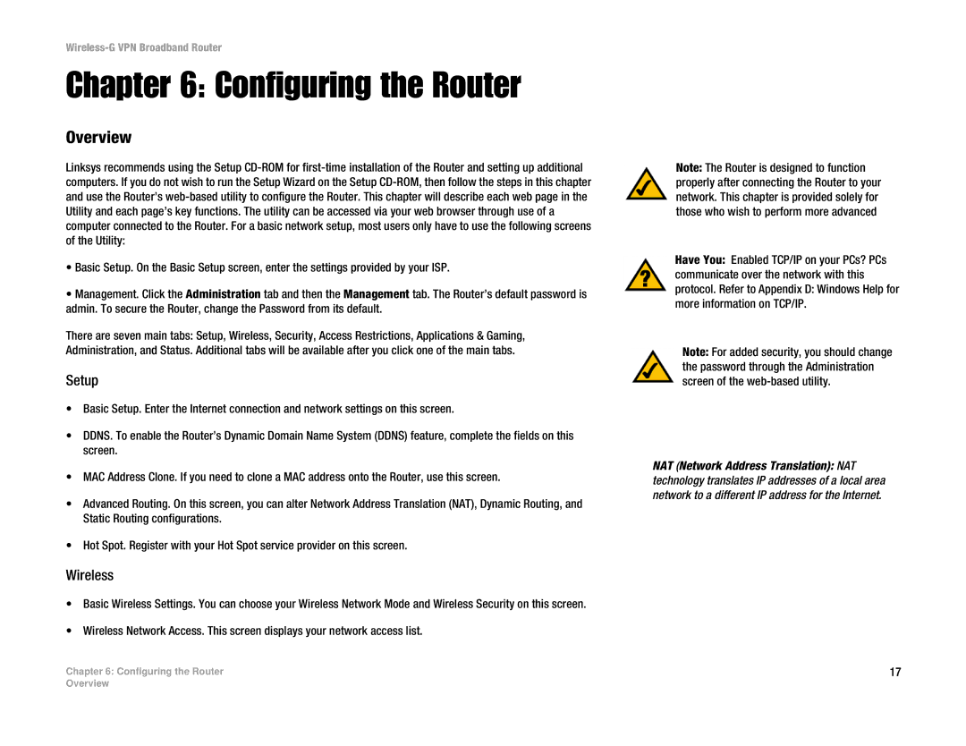 Cisco Systems WRV54G manual Configuring the Router, Setup, Wireless 