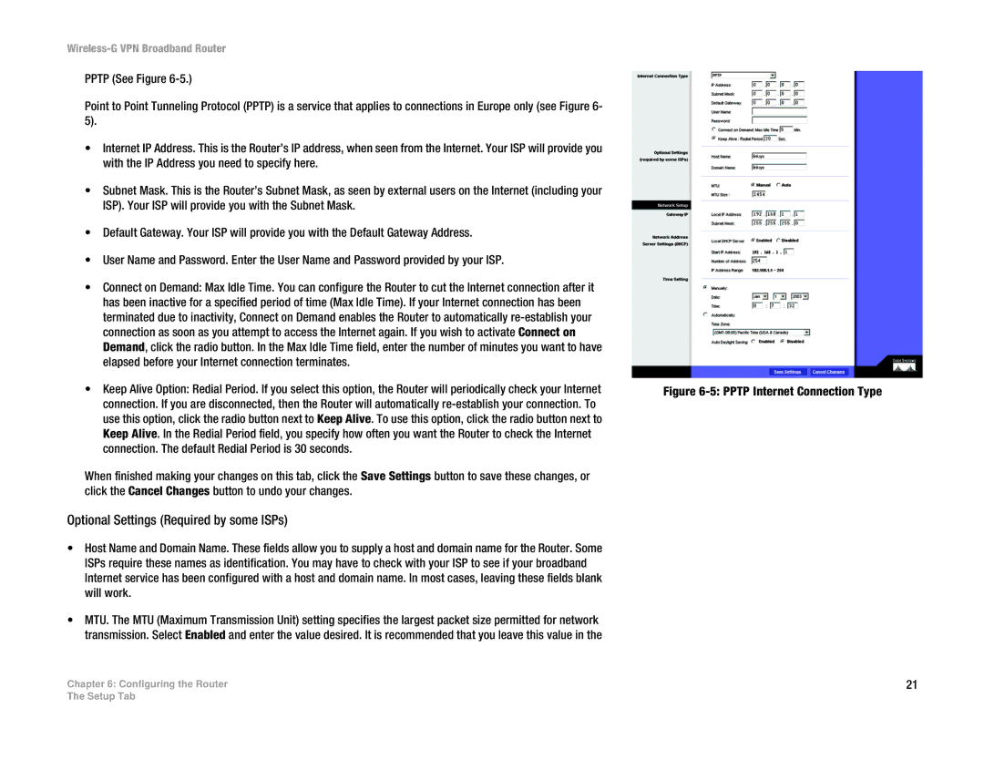Cisco Systems WRV54G manual Optional Settings Required by some ISPs, Pptp Internet Connection Type 