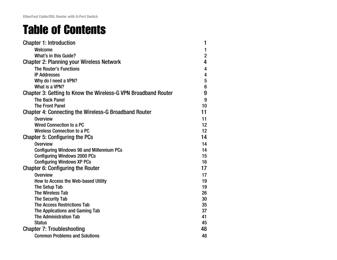 Cisco Systems WRV54G manual Table of Contents 