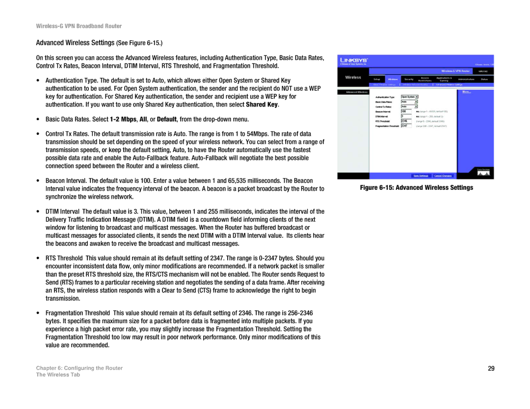 Cisco Systems WRV54G manual Advanced Wireless Settings See Figure 