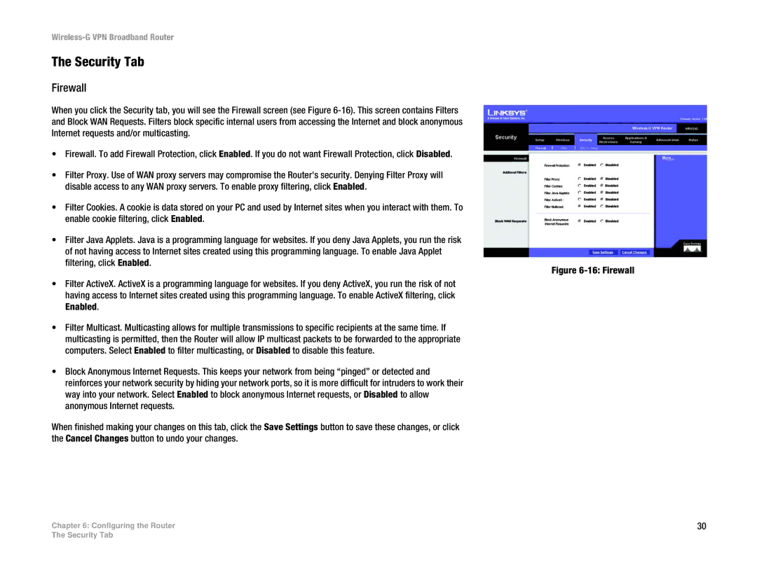 Cisco Systems WRV54G manual Security Tab, Firewall 