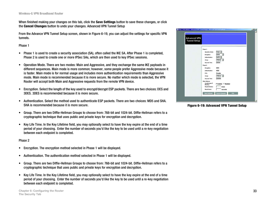 Cisco Systems WRV54G manual Advanced VPN Tunnel Setup 