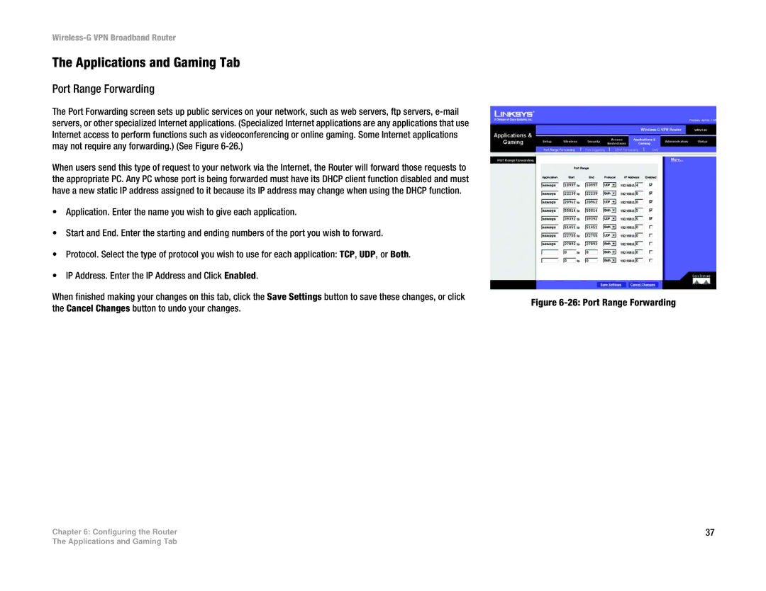 Cisco Systems WRV54G manual Applications and Gaming Tab, Port Range Forwarding 