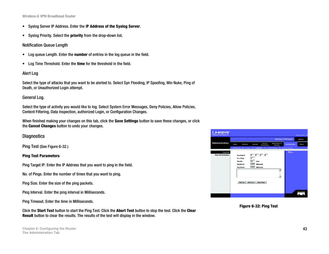 Cisco Systems WRV54G manual Diagnostics, Notification Queue Length, Alert Log, General Log 