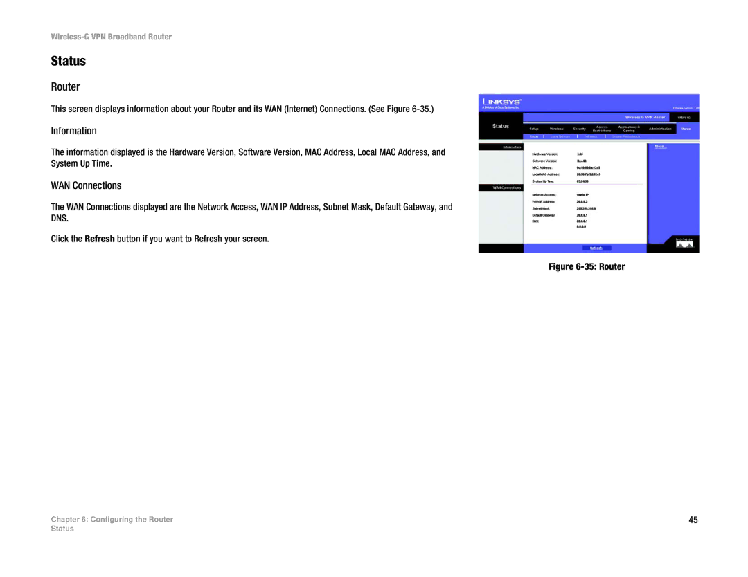 Cisco Systems WRV54G manual Status, Router, Information, WAN Connections 