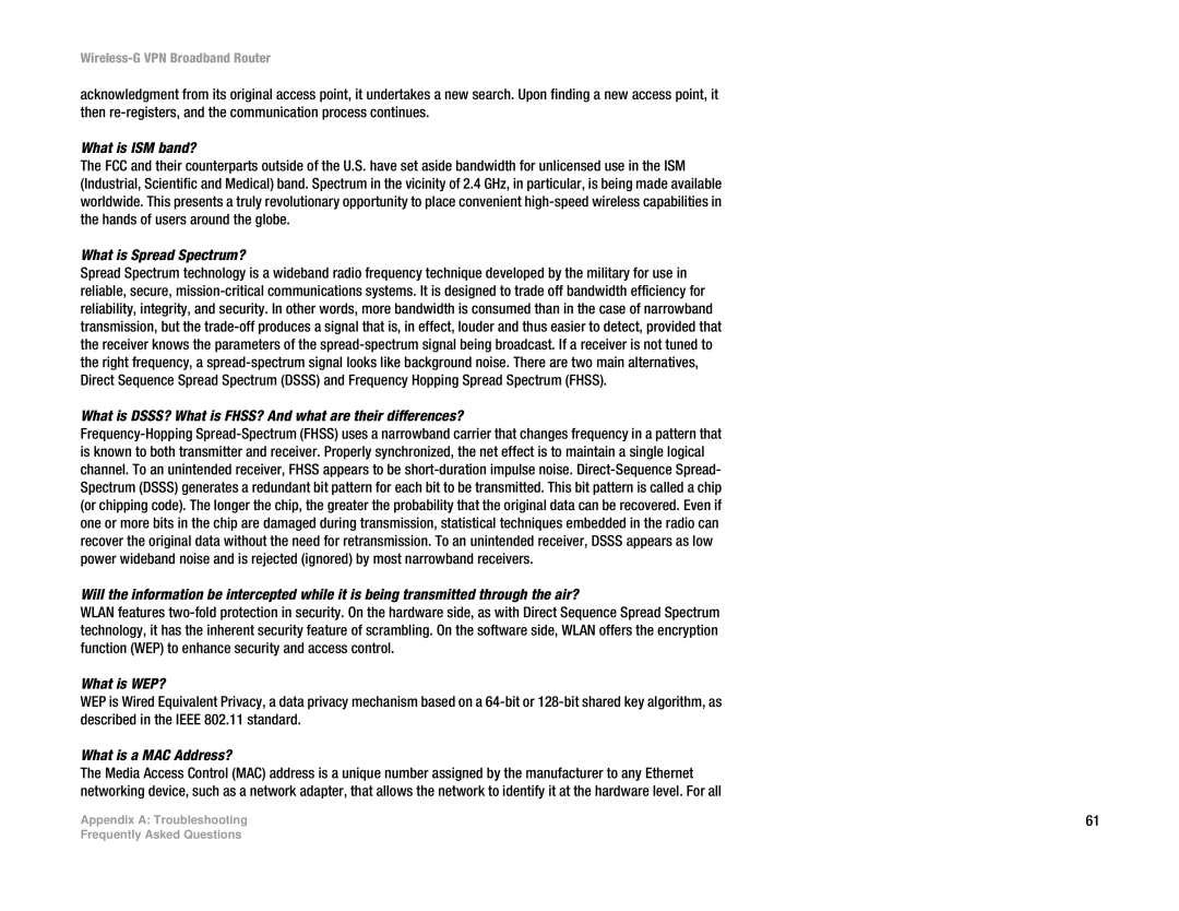 Cisco Systems WRV54G manual What is ISM band?, What is Spread Spectrum?, What is WEP?, What is a MAC Address? 