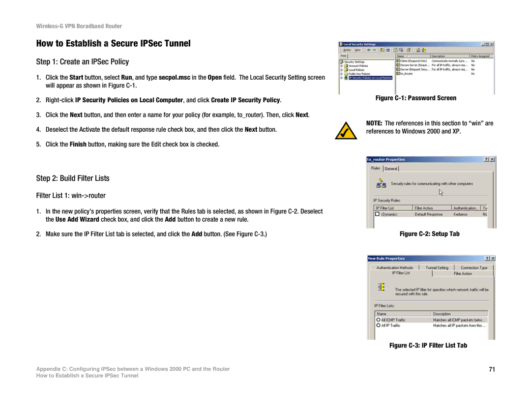 Cisco Systems WRV54G manual How to Establish a Secure IPSec Tunnel, Create an IPSec Policy, Build Filter Lists 