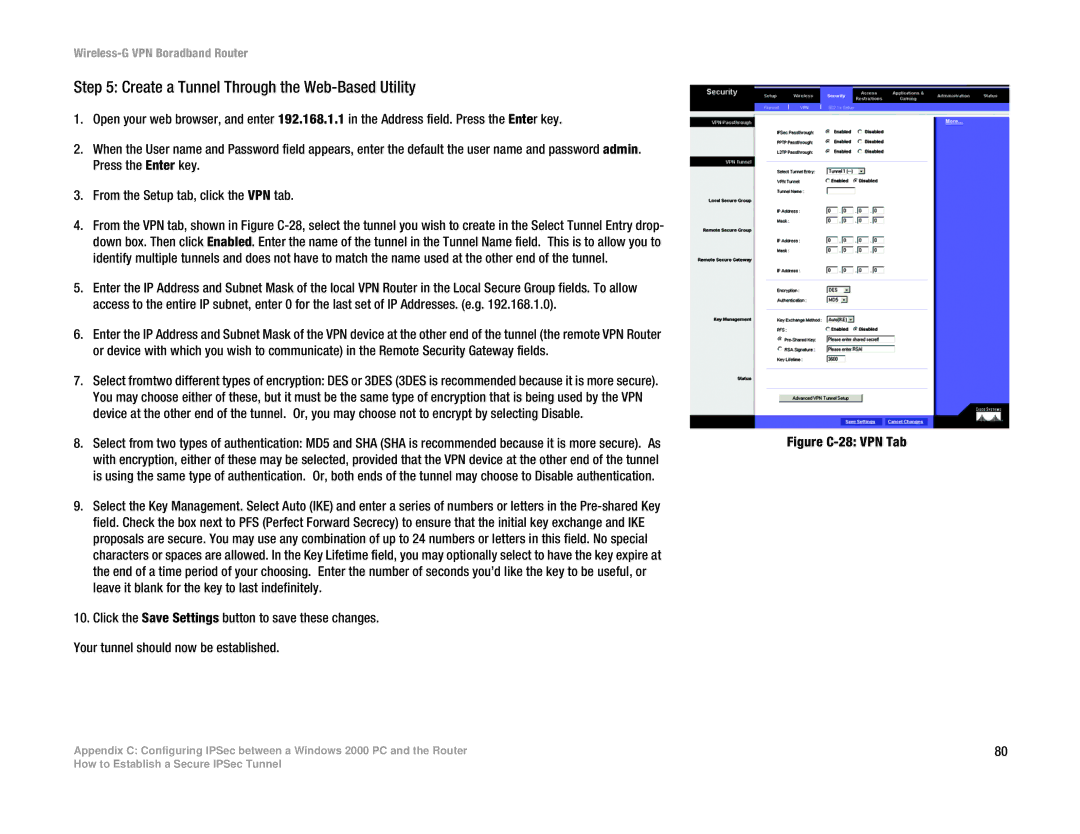 Cisco Systems WRV54G manual Create a Tunnel Through the Web-Based Utility, Figure C-28 VPN Tab 