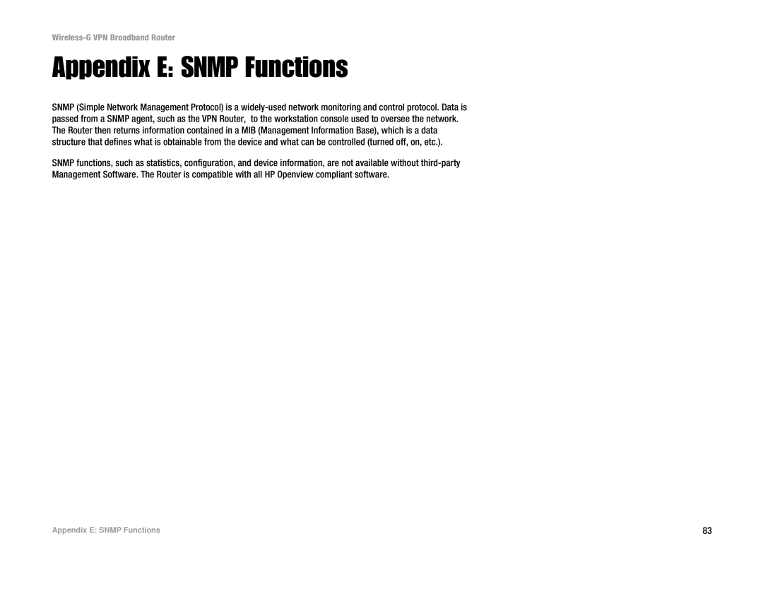 Cisco Systems WRV54G manual Appendix E Snmp Functions 