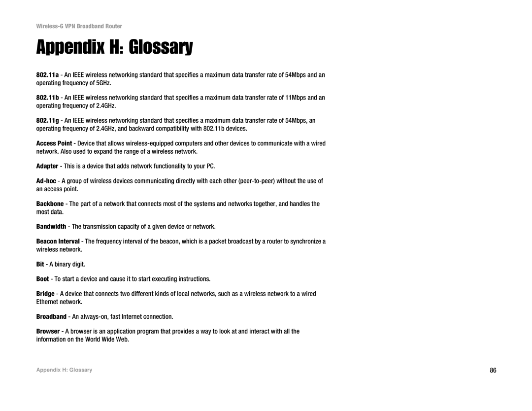 Cisco Systems WRV54G manual Appendix H Glossary 