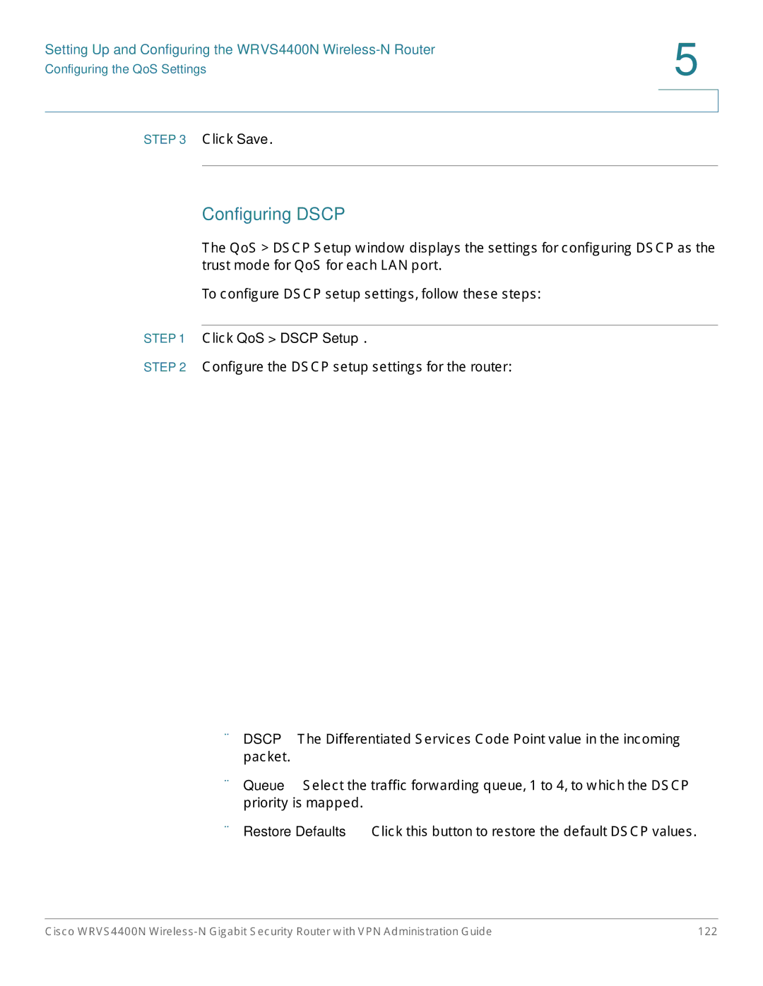 Cisco Systems WRVS4400NRF manual Configuring Dscp, Click QoS Dscp Setup 