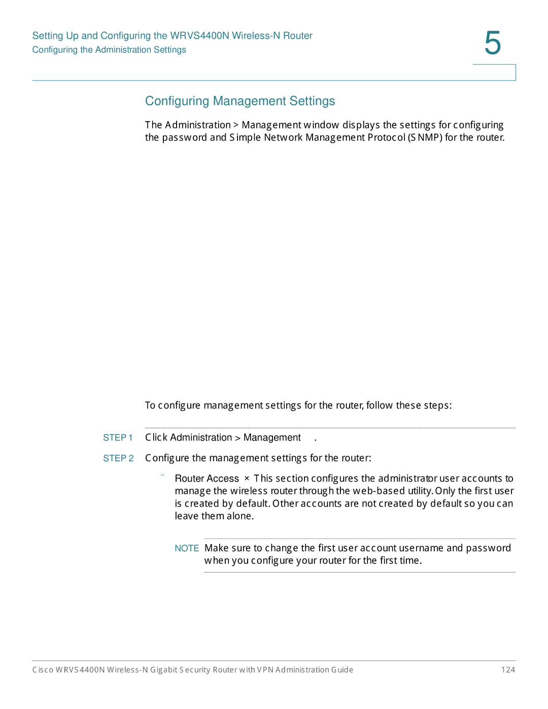 Cisco Systems WRVS4400NRF manual Configuring Management Settings, Click Administration Management 