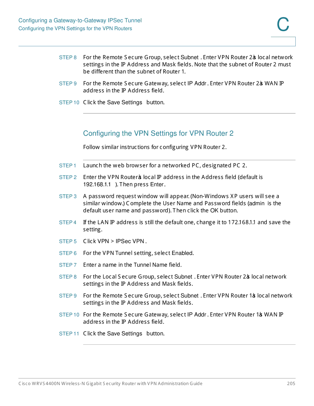 Cisco Systems WRVS4400NRF manual Configuring the VPN Settings for the VPN Routers 