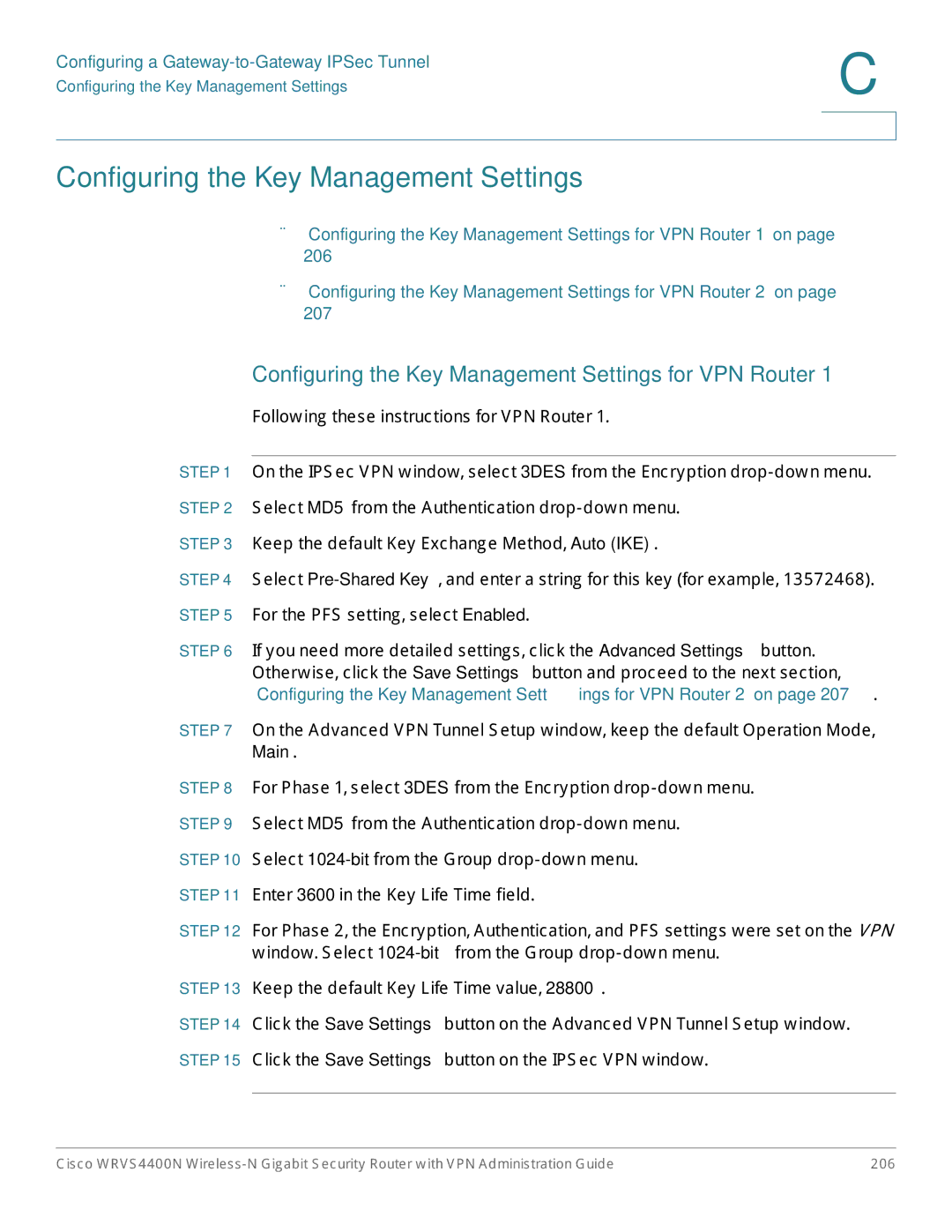 Cisco Systems WRVS4400NRF manual Configuring the Key Management Settings for VPN Router 