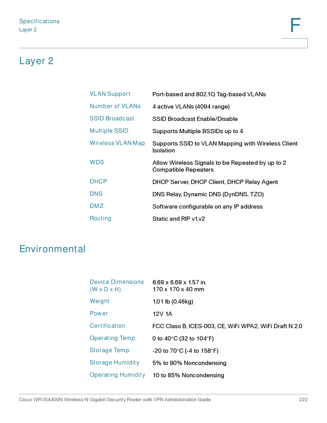 Cisco Systems WRVS4400NRF manual Layer, Environmental, Routing 