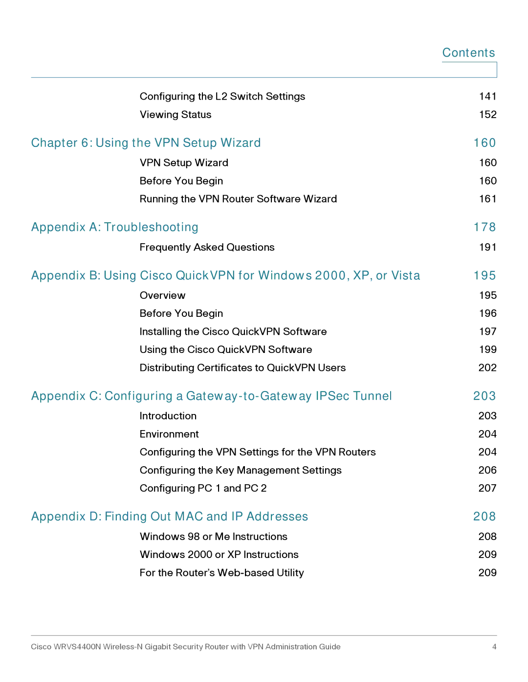 Cisco Systems WRVS4400NRF manual Using the VPN Setup Wizard 160, Appendix a Troubleshooting 178 