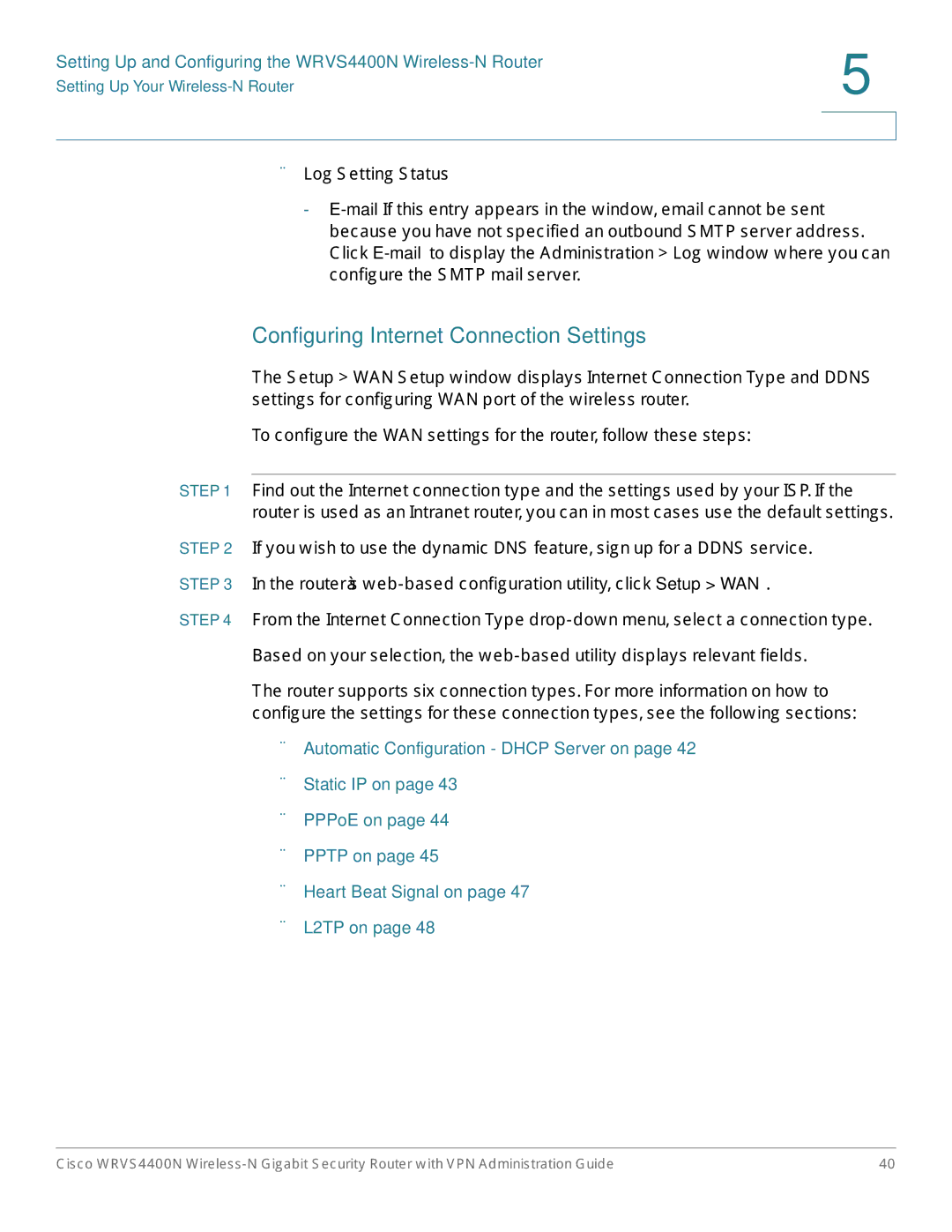 Cisco Systems WRVS4400NRF manual Configuring Internet Connection Settings 