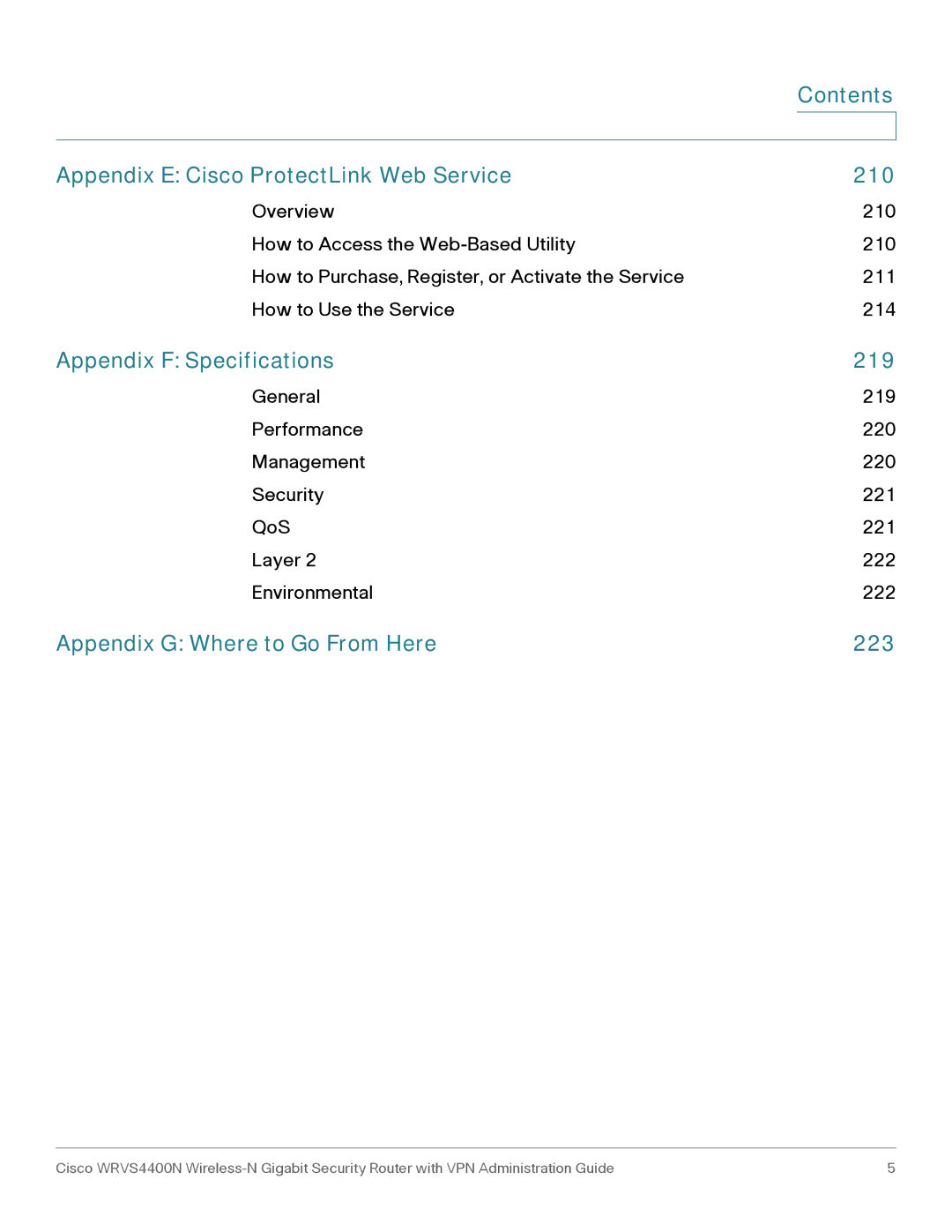 Cisco Systems WRVS4400NRF manual Appendix E Cisco ProtectLink Web Service 210, Appendix F Specifications 219 