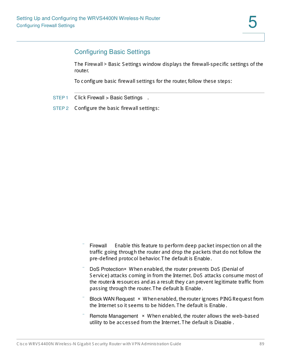 Cisco Systems WRVS4400NRF manual Configuring Basic Settings, Click Firewall Basic Settings 