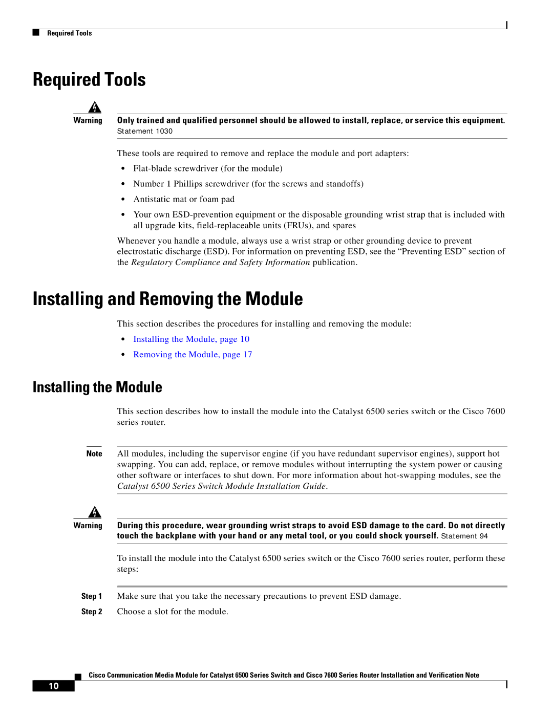 Cisco Systems 6500-E, WS-C6513-E-RF manual Required Tools, Installing and Removing the Module, Installing the Module 