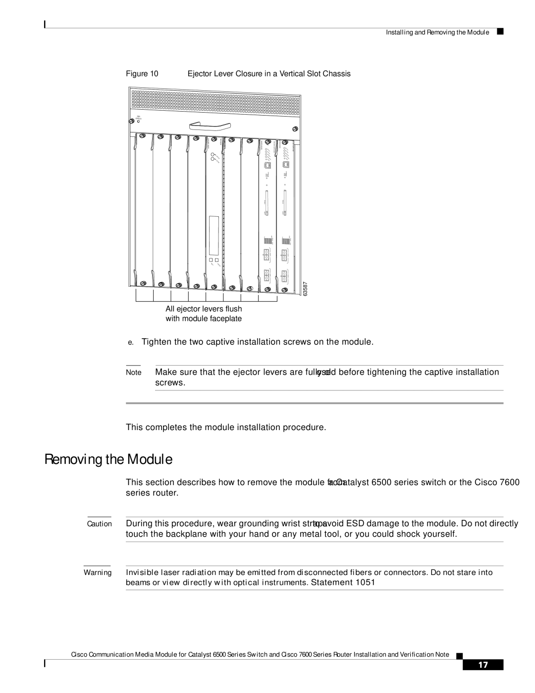 Cisco Systems WS-C6513-E-RF, 6500-E manual Removing the Module, Ejector Lever Closure in a Vertical Slot Chassis 