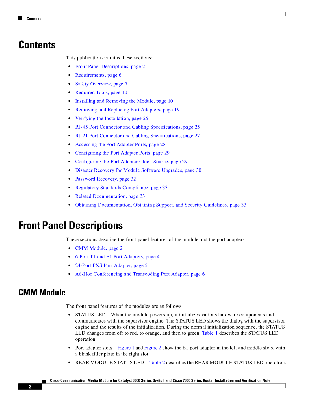 Cisco Systems WS-C6513-E-RF, 6500-E manual Contents, Front Panel Descriptions 