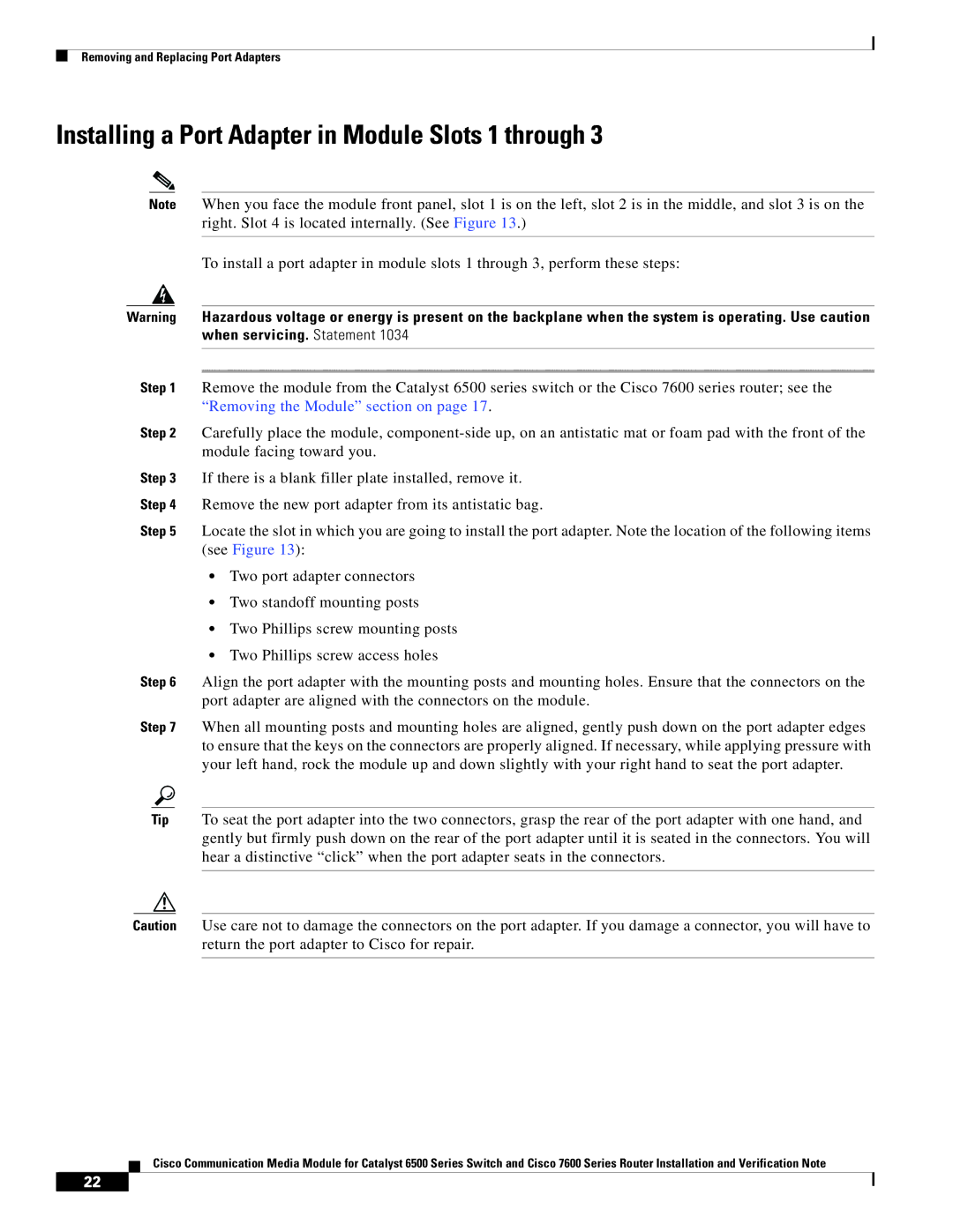 Cisco Systems 6500-E, WS-C6513-E-RF manual Installing a Port Adapter in Module Slots 1 through 