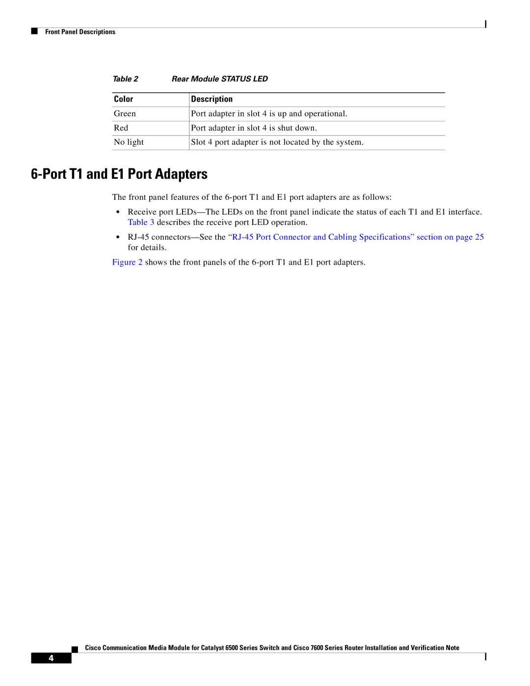 Cisco Systems 6500-E, WS-C6513-E-RF manual Port T1 and E1 Port Adapters, Color Description 