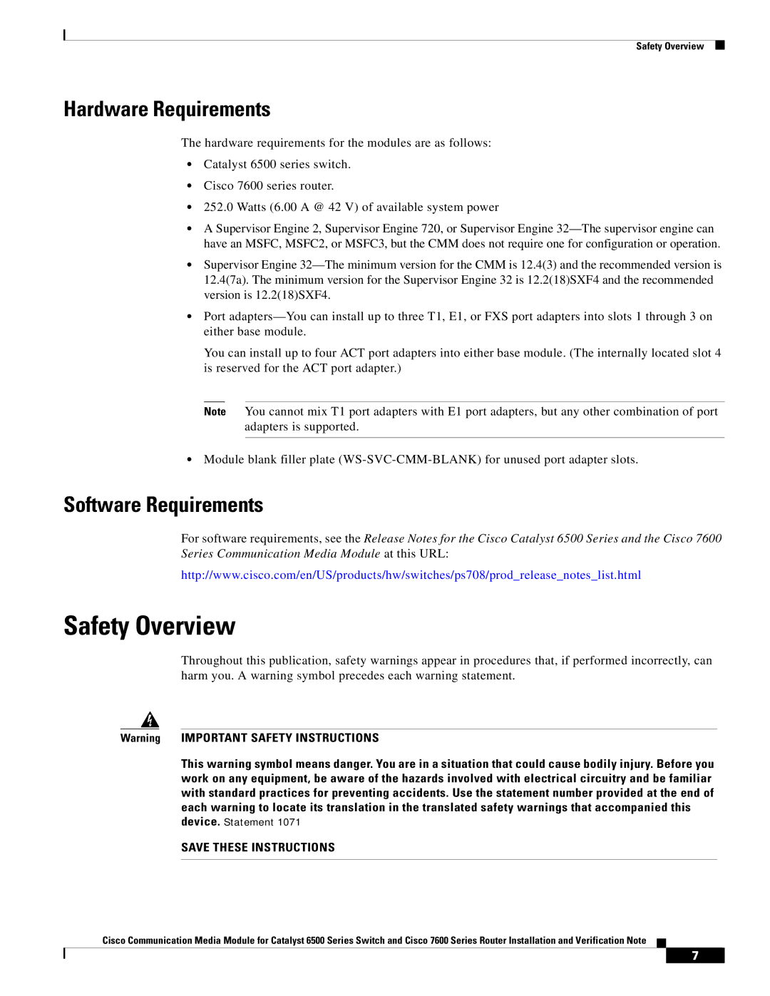 Cisco Systems 6500-E, WS-C6513-E-RF manual Safety Overview, Hardware Requirements, Software Requirements 