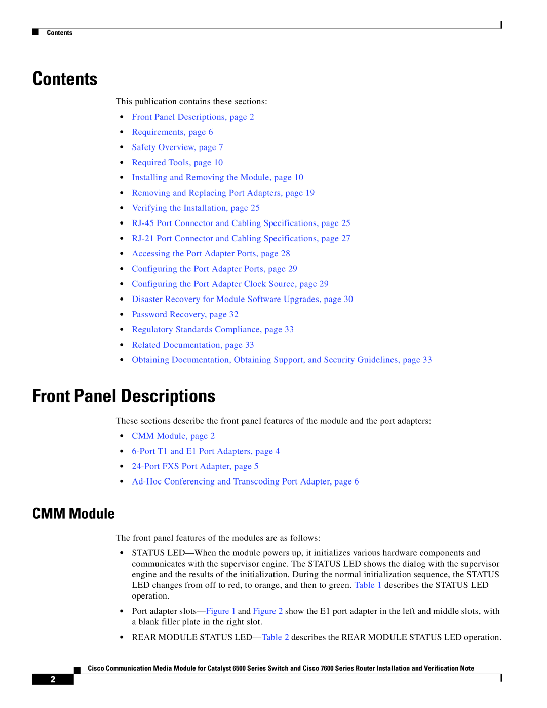 Cisco Systems WS-C6513-E-RF, 6500-E manual Contents, Front Panel Descriptions, CMM Module 