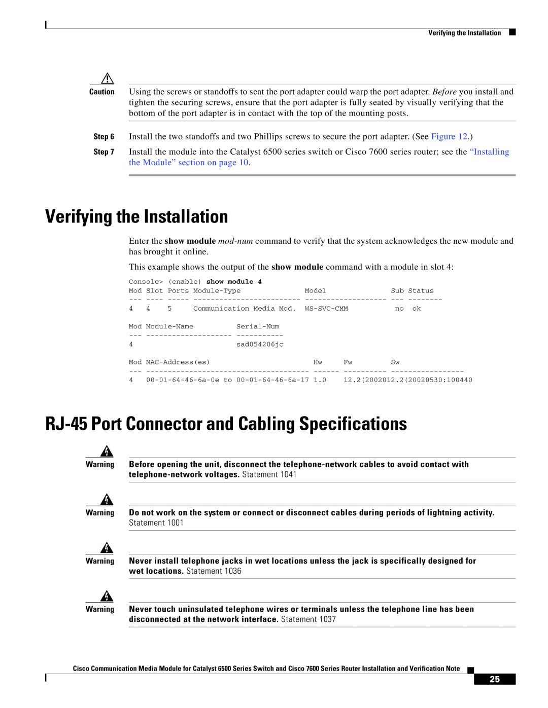 Cisco Systems 6500-E, WS-C6513-E-RF manual Verifying the Installation, RJ-45 Port Connector and Cabling Specifications 