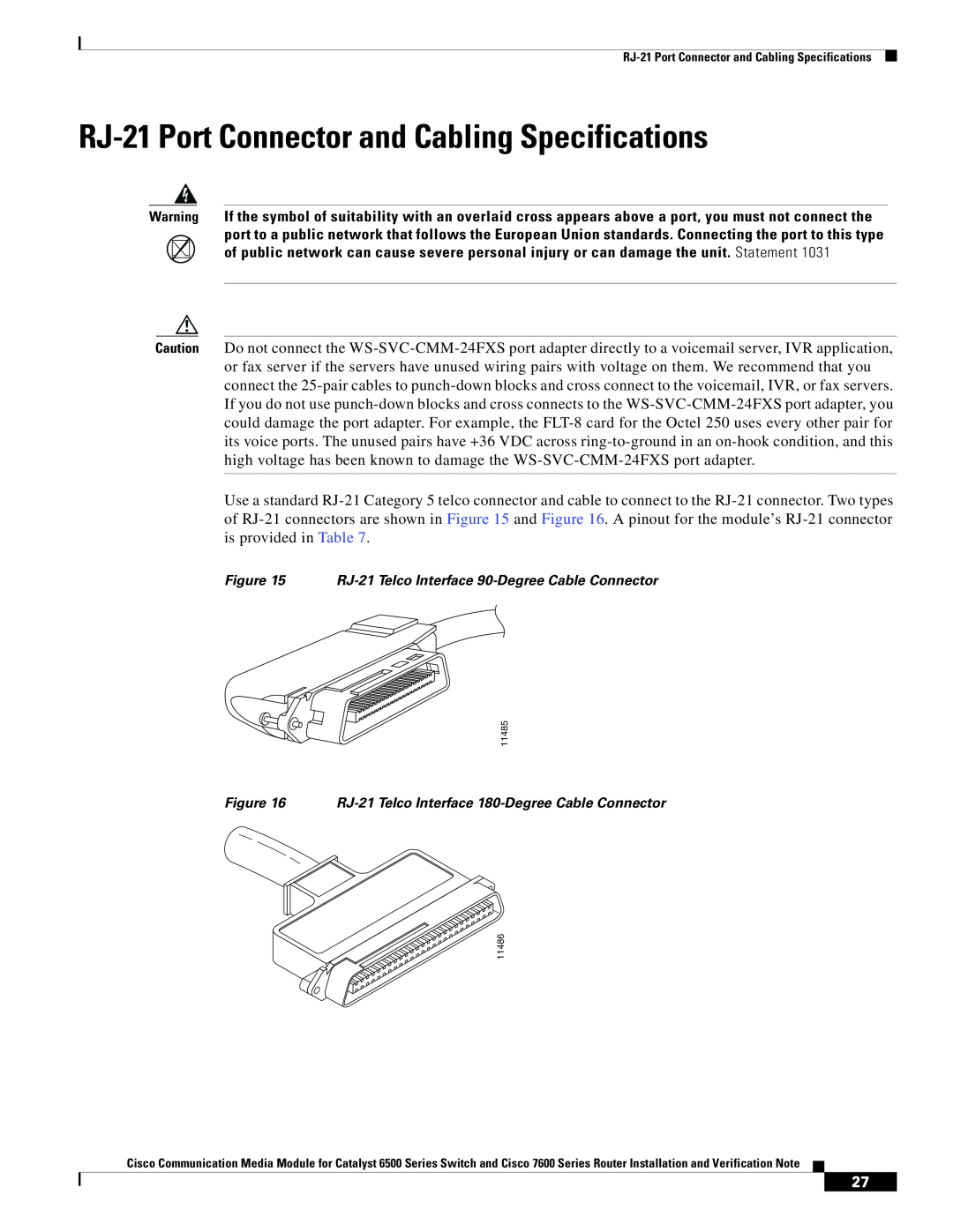 Cisco Systems WS-C6513-E-RF, 6500-E manual RJ-21 Port Connector and Cabling Specifications 