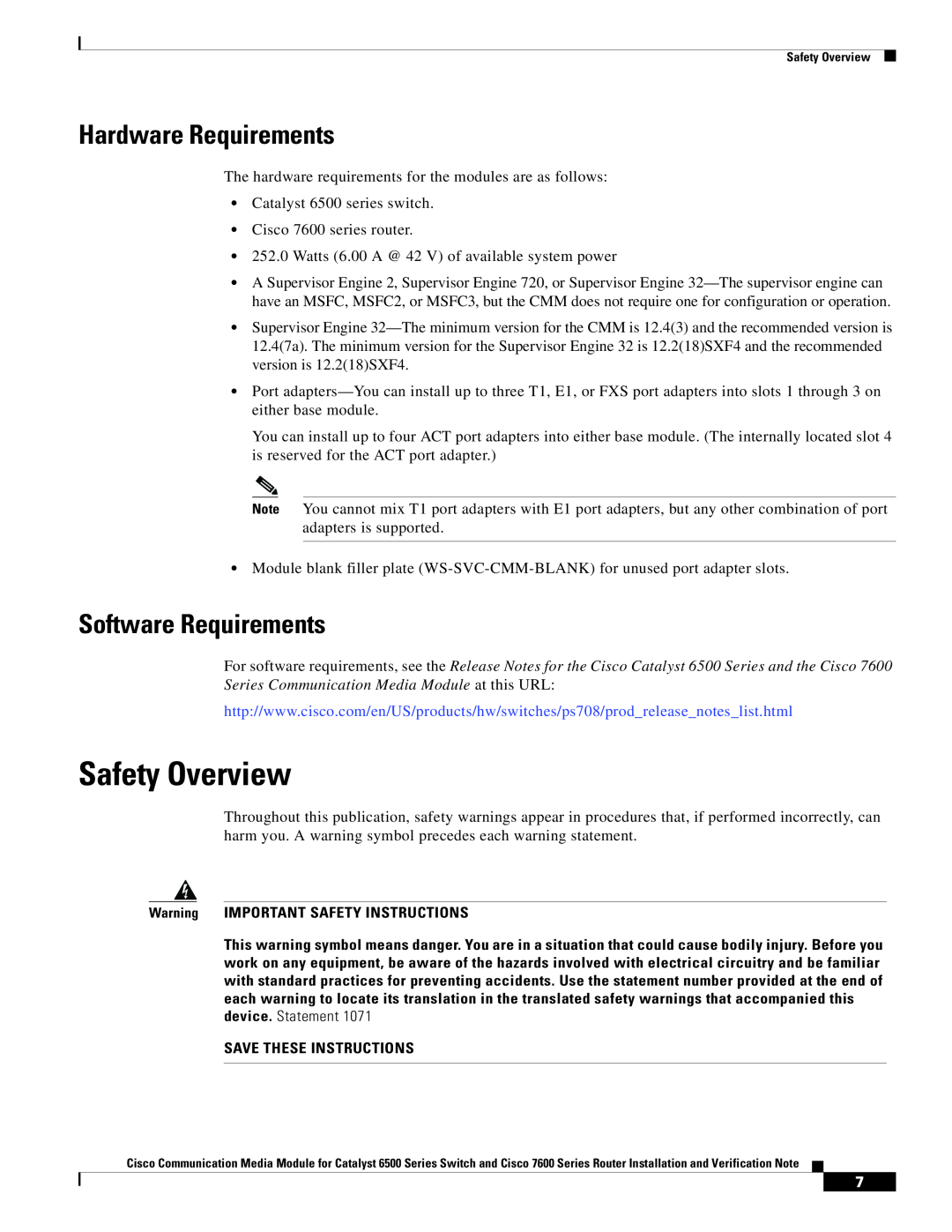 Cisco Systems 6500-E Safety Overview, Hardware Requirements, Software Requirements, Warning IMPORTANT SAFETY INSTRUCTIONS 
