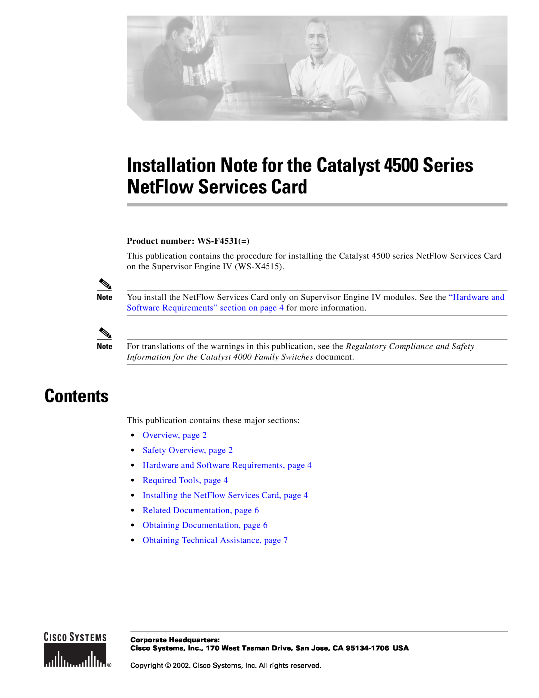 Cisco Systems WS-F4531 manual Contents, Installation Note for the Catalyst 4500 Series NetFlow Services Card 
