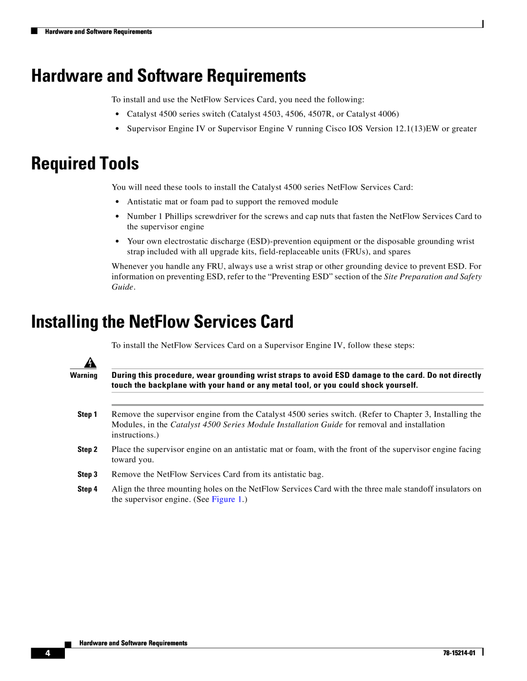 Cisco Systems WS-F4531 manual Hardware and Software Requirements, Required Tools, Installing the NetFlow Services Card 