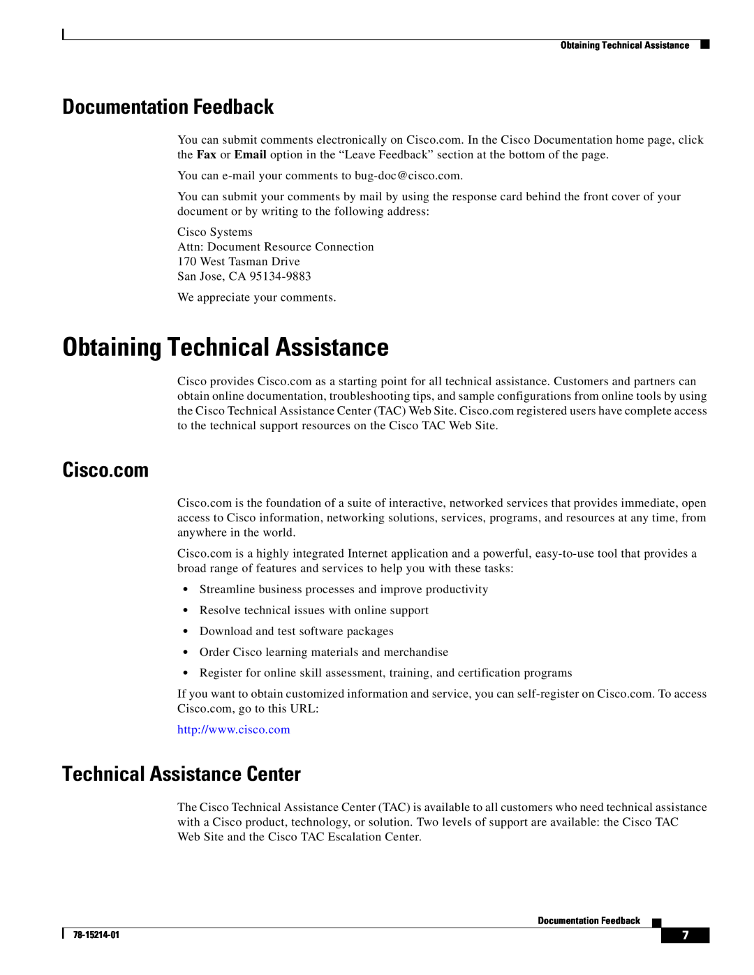 Cisco Systems WS-F4531 Obtaining Technical Assistance, Documentation Feedback, Cisco.com, Technical Assistance Center 