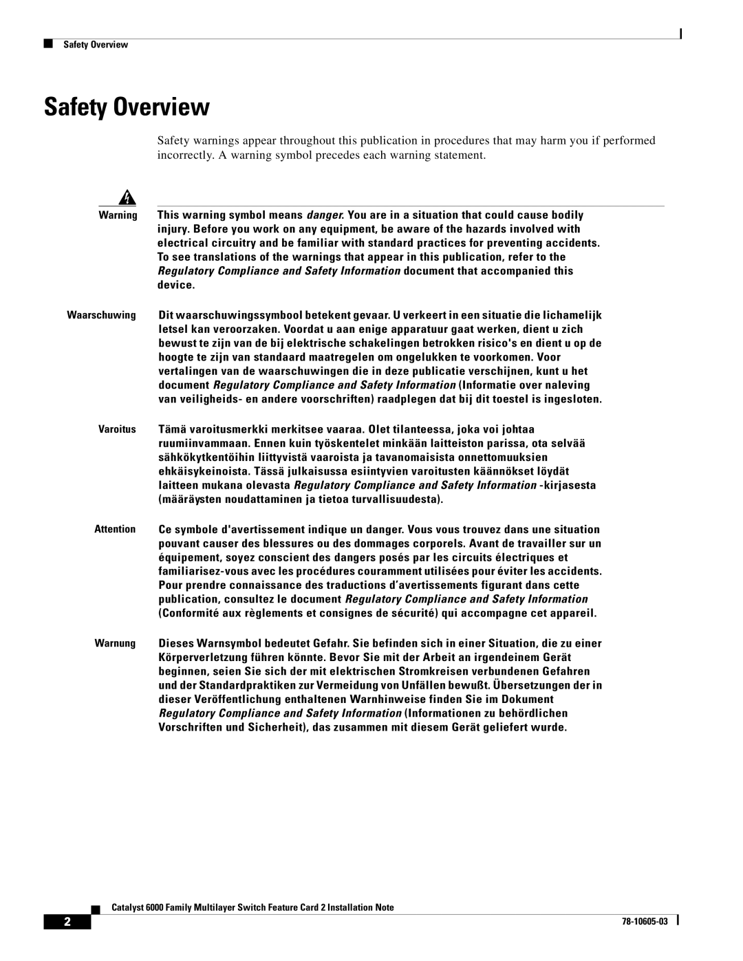 Cisco Systems WS-F6K-MSFC2 manual Safety Overview 