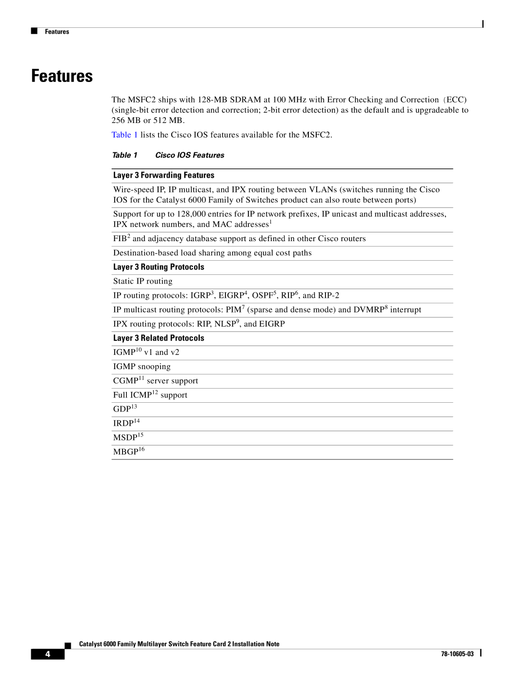 Cisco Systems WS-F6K-MSFC2 manual Layer 3 Forwarding Features 