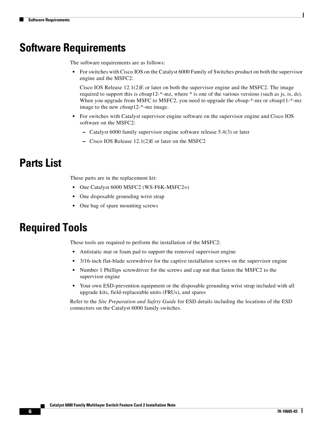 Cisco Systems WS-F6K-MSFC2 manual Software Requirements, Parts List, Required Tools 