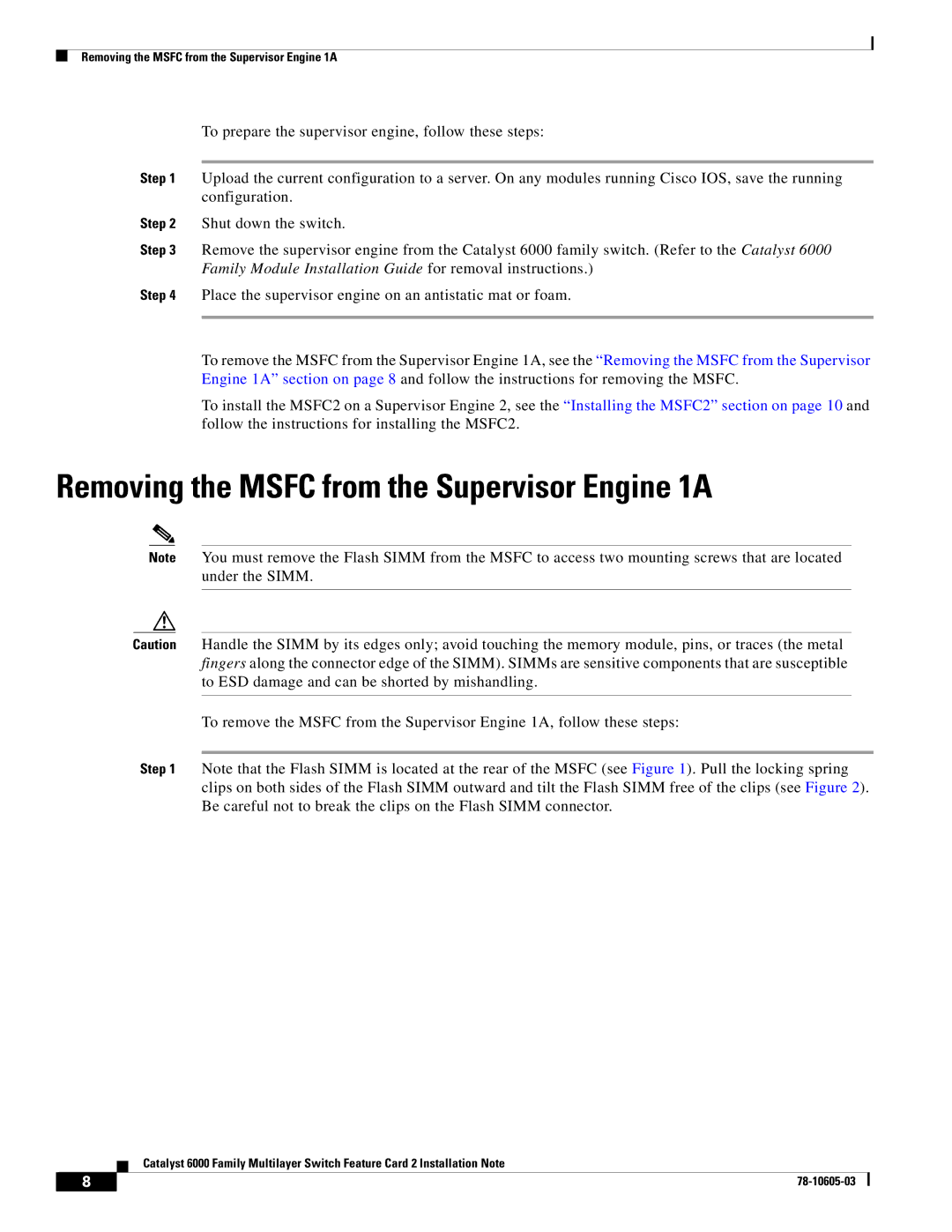 Cisco Systems WS-F6K-MSFC2 manual Removing the Msfc from the Supervisor Engine 1A 